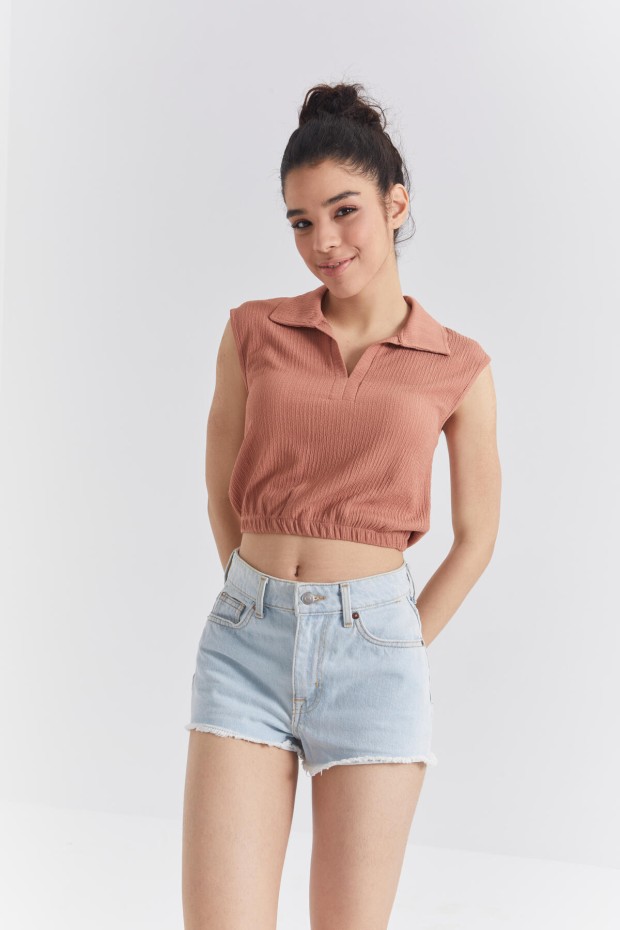 Tarçın Polo Yaka Beli Lastikli Bürümcük Kumaş Kadın Crop Top T-Shirt - 97223