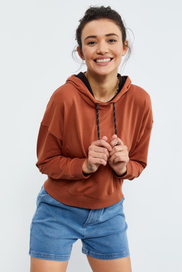 Tarçın Uzun Kol Rahat Form Kapüşonlu Kadın Sweatshirt - 97115 