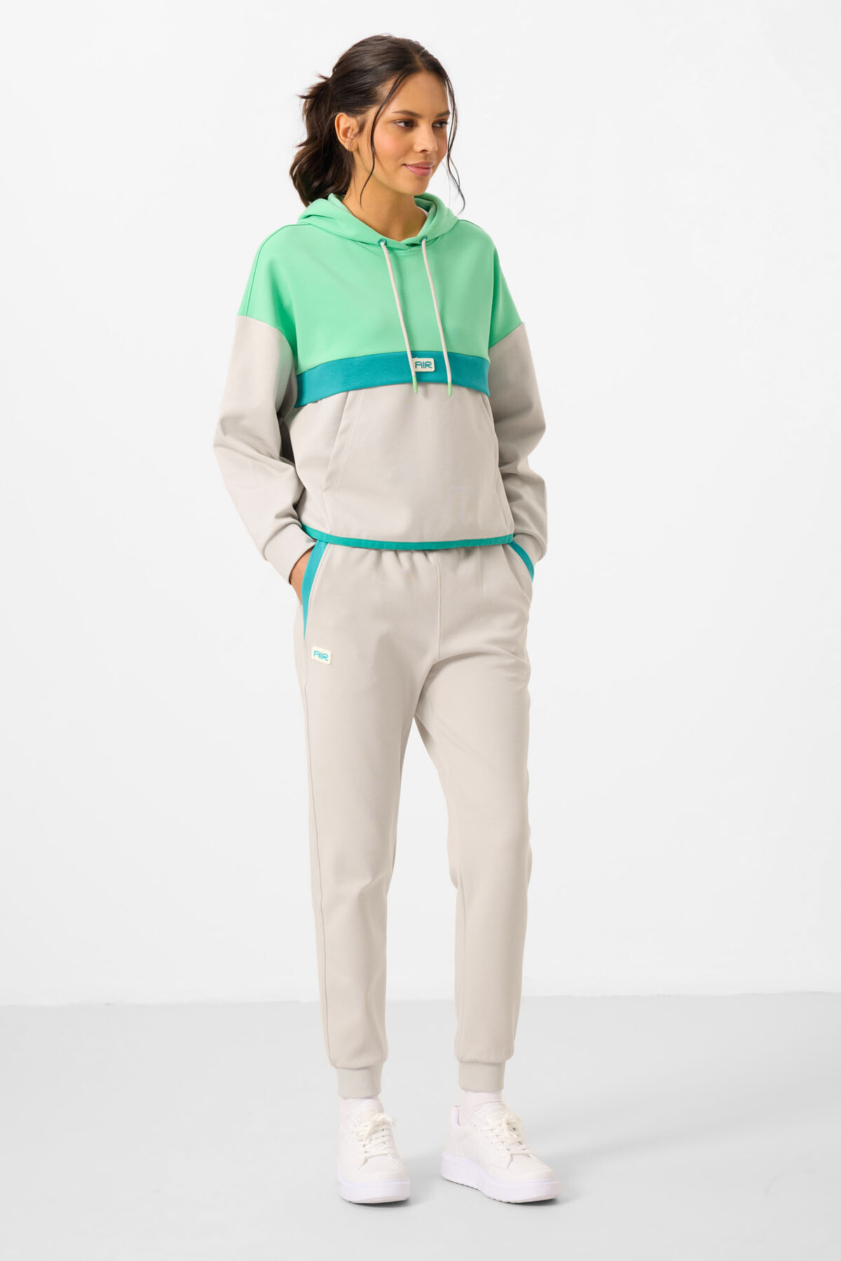 Taş Kapüşonlu Pamuklu Renk Bloklu Kadın Eşofman Takım - 95327 - TOMMYLIFE (1)