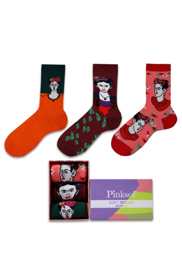 Renkli Kadın Figürlü 3 lü Soket Çorap-4090-3K - Thumbnail