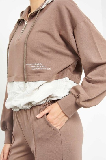 Toprak Balon Kol Paraşüt Kumaş Detaylı Kadın Oversize Sweatshirt - 97167 - Thumbnail