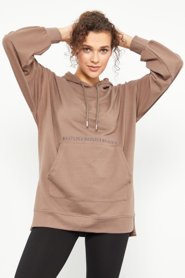 Toprak Balon Kol Yazı Nakışlı Kadın Oversize Tunik Sweatshirt - 97163 - Thumbnail