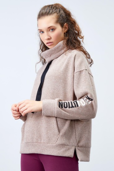 Toprak Büzgülü Bağcıklı Yaka Nakışlı Selanik Triko Kadın Oversize Sweatshirt - 97197 
