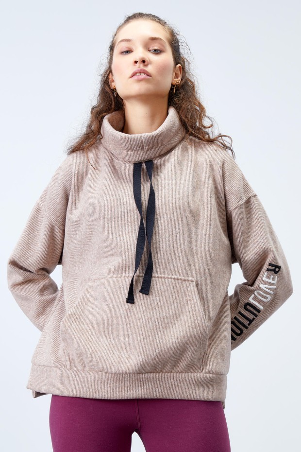 Toprak Büzgülü Bağcıklı Yaka Nakışlı Selanik Triko Kadın Oversize Sweatshirt - 97197