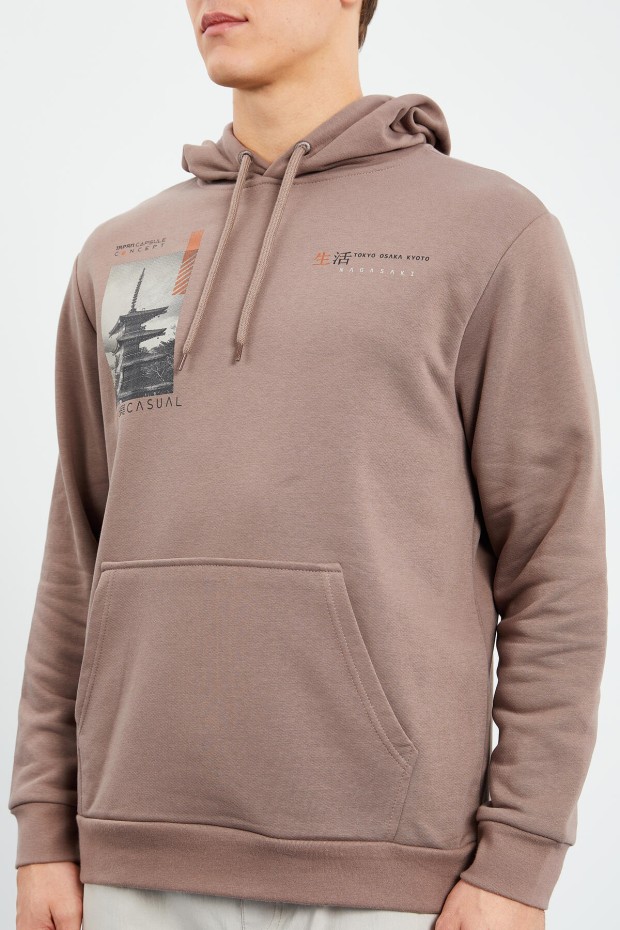 Toprak Desen Baskılı Kapüşonlu Rahat Form Erkek Sweatshirt - 88015