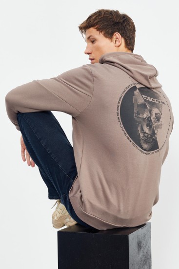 Toprak Kuru Kafa Sırt Baskılı Kapüşonlu Rahat Form Erkek Sweatshirt - 88008 