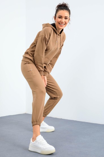 Toprak Kapüşonlu Kanguru Cep Oversize Lastik Paça Kadın Eşofman Takımı - 95288 