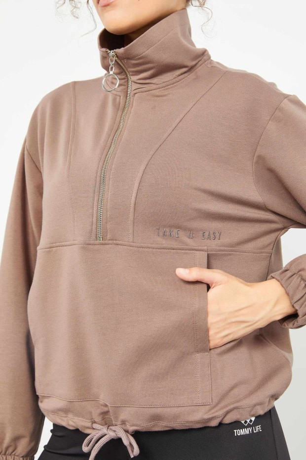Toprak Yarım Fermuarlı Dik Yaka Beli Büzgülü Kadın Oversize Sweatshirt - 97158