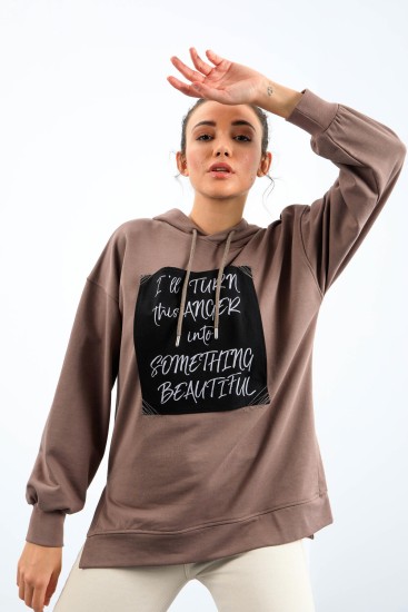 Toprak Yazı Dokuma Yamalı Kapüşonlu Kadın Oversize Sweatshirt - 97178 