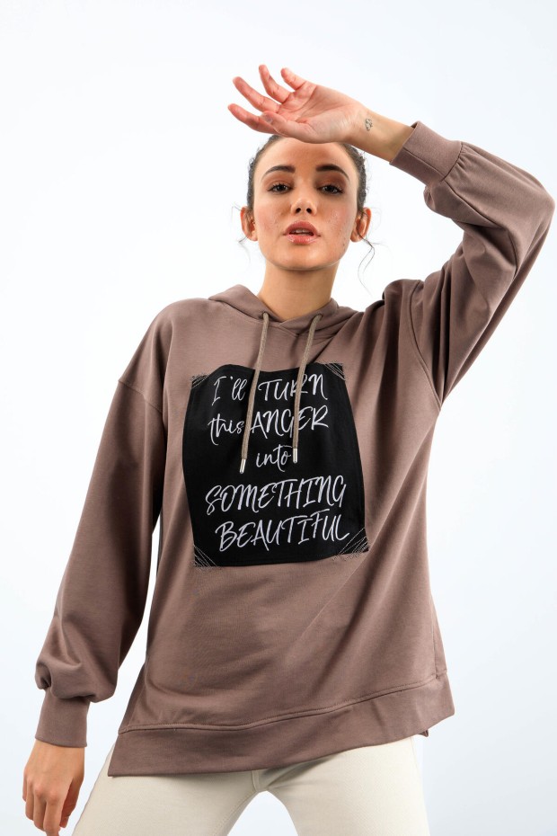 Toprak Yazı Dokuma Yamalı Kapüşonlu Kadın Oversize Sweatshirt - 97178