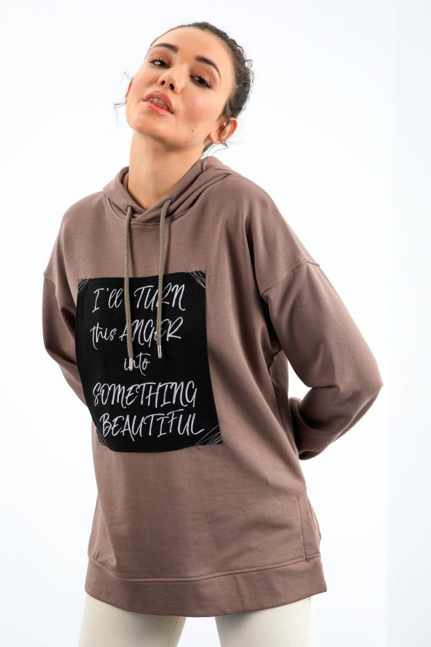 Toprak Yazı Dokuma Yamalı Kapüşonlu Kadın Oversize Sweatshirt - 97178