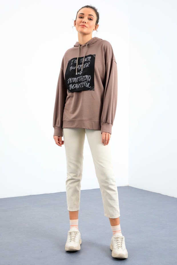 Toprak Yazı Dokuma Yamalı Kapüşonlu Kadın Oversize Sweatshirt - 97178