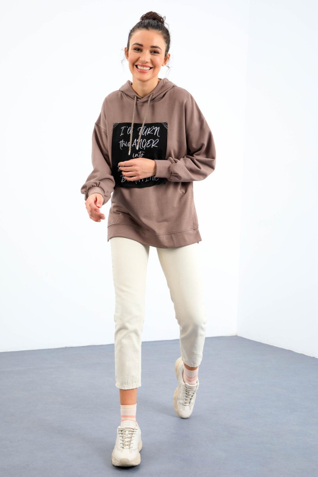 Toprak Yazı Dokuma Yamalı Kapüşonlu Kadın Oversize Sweatshirt - 97178