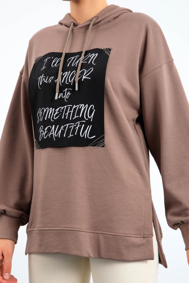 Toprak Yazı Dokuma Yamalı Kapüşonlu Kadın Oversize Sweatshirt - 97178