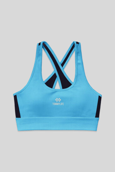 Turkuaz Çapraz Sırt Detaylı Slim Fit U Yaka Pedli Kadın Spor Büstiyer - 97121 