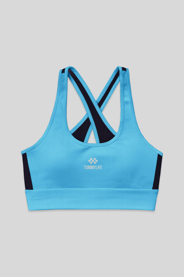 Turkuaz Çapraz Sırt Detaylı Slim Fit U Yaka Pedli Kadın Spor Büstiyer - 97121 - 1