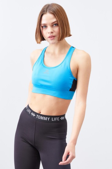 Turkuaz Çapraz Sırt Detaylı Slim Fit U Yaka Pedli Kadın Spor Büstiyer - 97121 - TOMMYLIFE