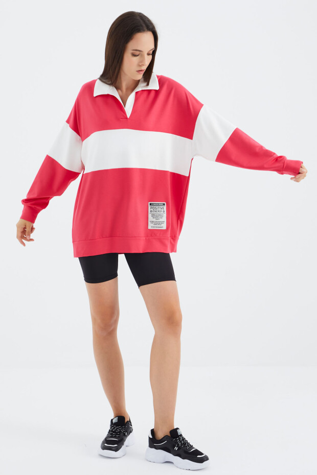 Viva Kırmızı Polo Yaka Renk Bloklu Oversize Kadın Sweatshirt - 02377