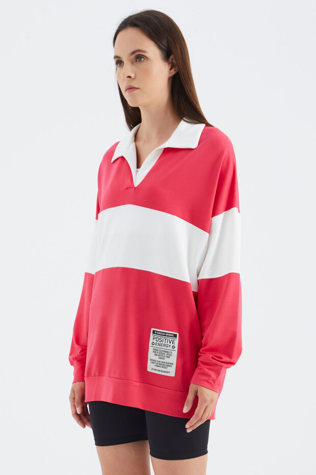 Viva Kırmızı Polo Yaka Renk Bloklu Oversize Kadın Sweatshirt - 02377