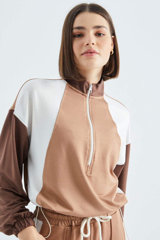 Vizon Dik Yaka Yarım Fermuarlı Renk Bloklu Kadın Sweatshirt - 02380