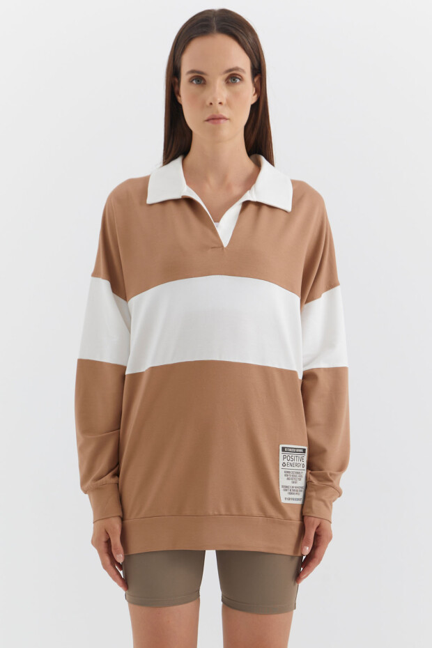 Vizon Polo Yaka Renk Bloklu Oversize Kadın Sweatshirt - 02377