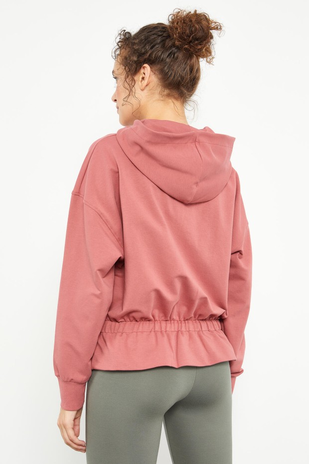 Yaban Gülü Beli Büzgülü Kapüşonlu Kadın Oversize Sweatshirt - 97159