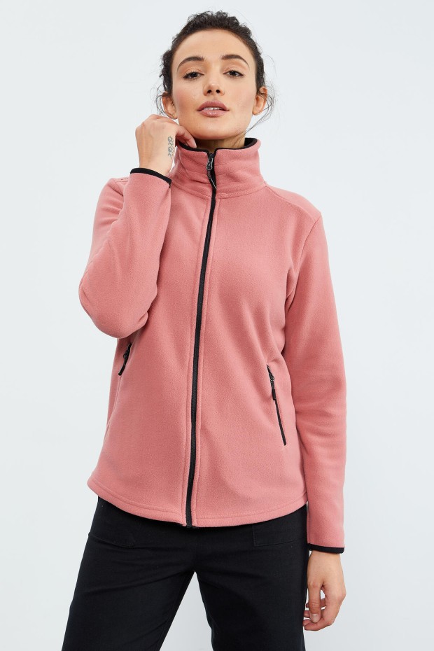 Yaban Gülü Dik Yaka Fermuarlı Rahat Form Kadın Polar Sweatshirt - 97173