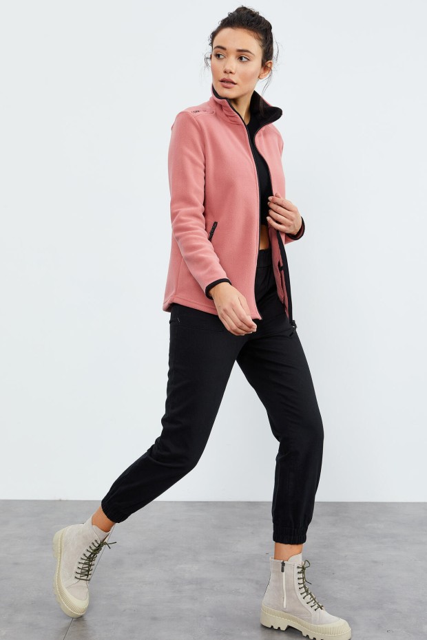 Yaban Gülü Dik Yaka Fermuarlı Rahat Form Kadın Polar Sweatshirt - 97173 - 2