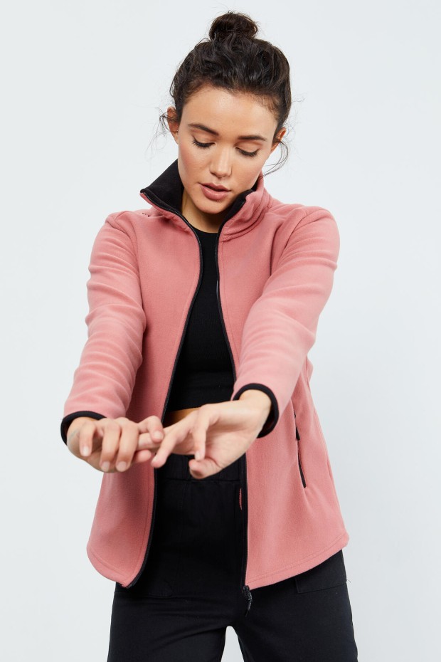 Yaban Gülü Dik Yaka Fermuarlı Rahat Form Kadın Polar Sweatshirt - 97173 - 3