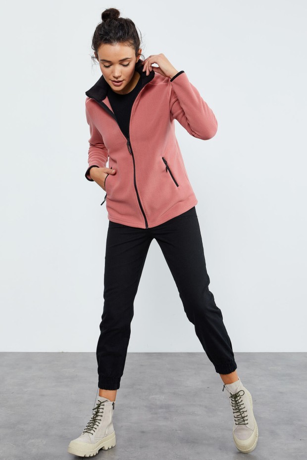 Yaban Gülü Dik Yaka Fermuarlı Rahat Form Kadın Polar Sweatshirt - 97173 - 6