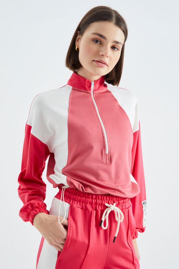 Yaban Gülü Dik Yaka Yarım Fermuarlı Renk Bloklu Kadın Sweatshirt - 02380
