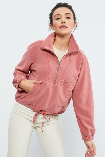 Yaban Gülü Yarım Fermuar Etek Ucu Büzgülü Kadın Polar Oversize Sweatshirt - 97171 - TOMMYLIFE (1)