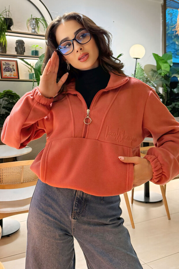 Yaban Gülü Yarım Fermuar Etek Ucu Büzgülü Kadın Polar Oversize Sweatshirt - 97171 - 4