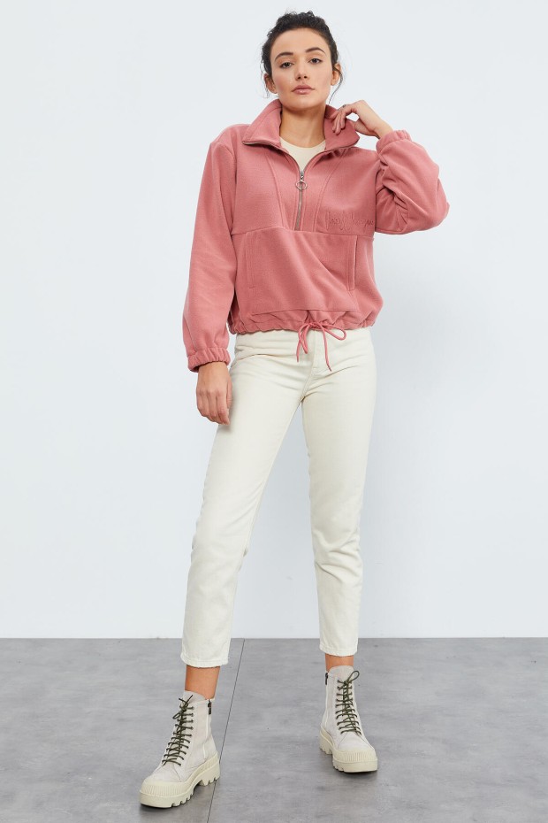 Yaban Gülü Yarım Fermuar Etek Ucu Büzgülü Kadın Polar Oversize Sweatshirt - 97171 - 5