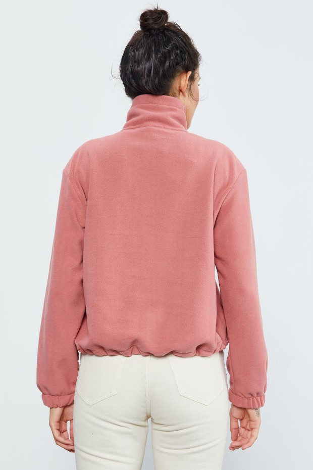 Yaban Gülü Yarım Fermuar Etek Ucu Büzgülü Kadın Polar Oversize Sweatshirt - 97171 - 6