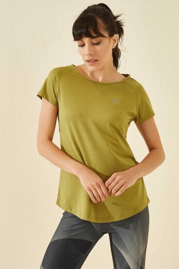 Yağ Yeşili Sırt Pencereli Kısa Kol Standart Kalıp O Yaka Kadın T-Shirt - 97101 - TOMMYLIFE