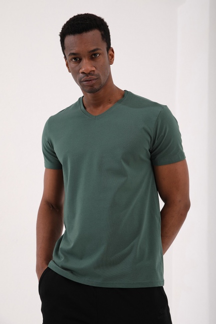 Yeşil Basic Kısa Kol Standart Kalıp V Yaka Erkek T-Shirt - 87912 - Thumbnail