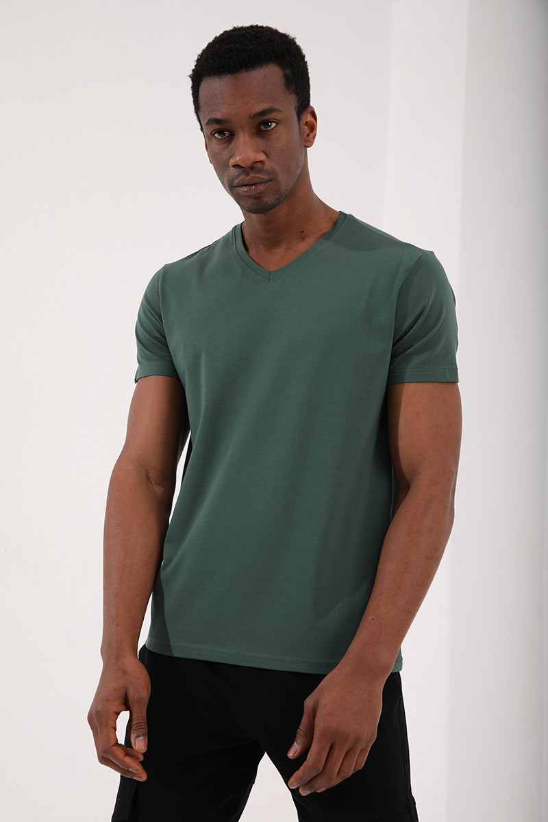 Yeşil Basic Kısa Kol Standart Kalıp V Yaka Erkek T-Shirt - 87912