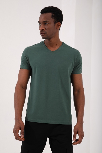 Yeşil Basic Kısa Kol Standart Kalıp V Yaka Erkek T-Shirt - 87912 - Thumbnail