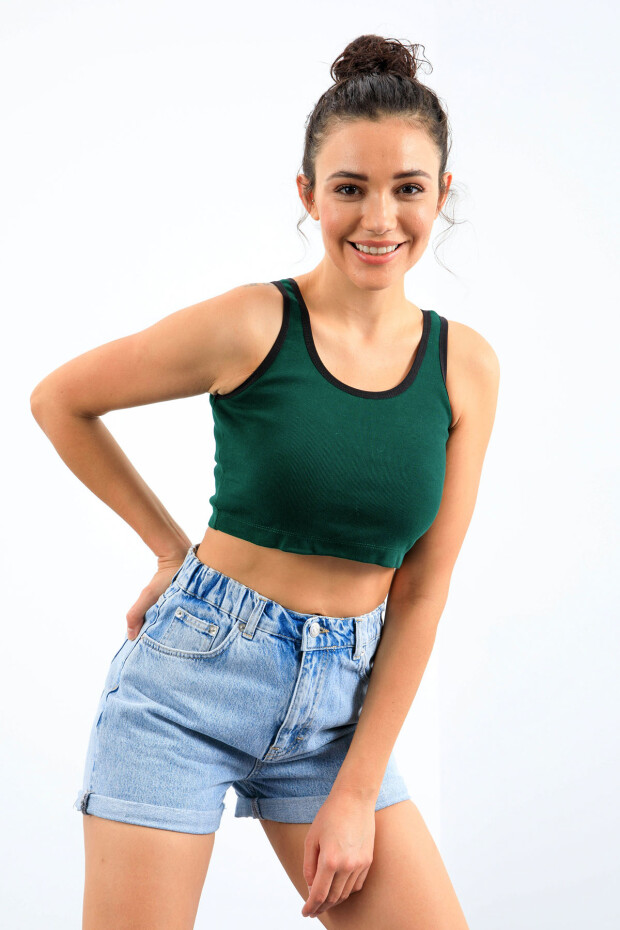 Yeşil Basic Sıfır Kol Dar Kalıp U Yaka Kadın Crop Top Atlet - 97162 - 1