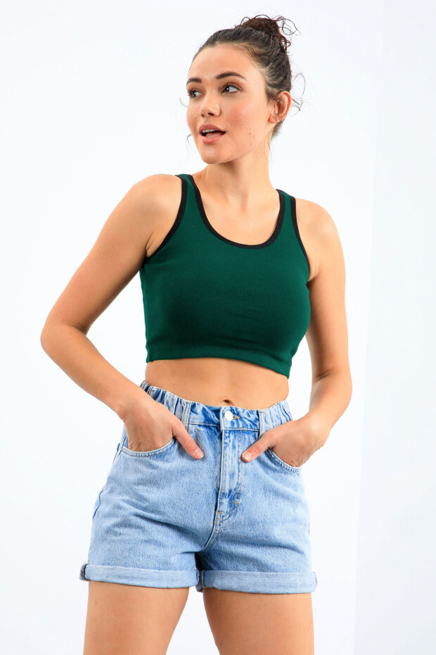 Yeşil Basic Sıfır Kol Dar Kalıp U Yaka Kadın Crop Top Atlet - 97162 - 2