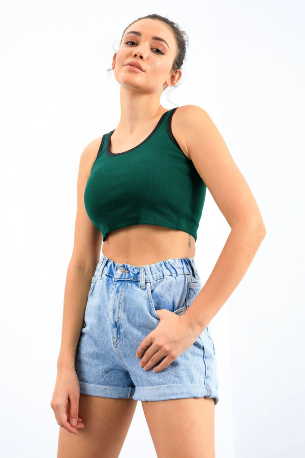 Yeşil Basic Sıfır Kol Dar Kalıp U Yaka Kadın Crop Top Atlet - 97162 - 4