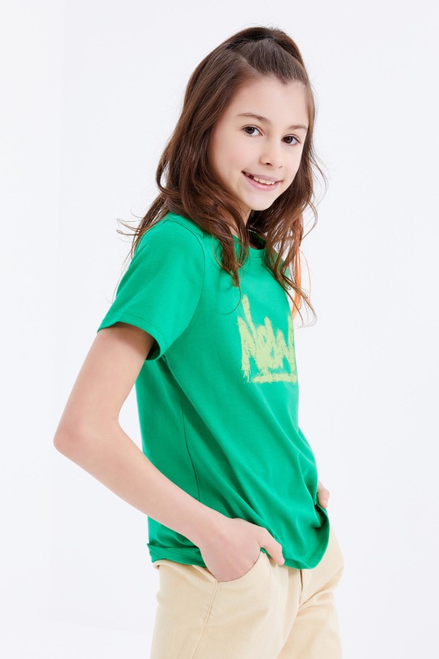 Yeşil Basic Yazı Baskılı O Yaka Rahat Form Kız Çocuk T-Shirt - 75041