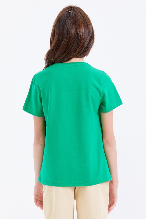 Yeşil Basic Yazı Baskılı O Yaka Rahat Form Kız Çocuk T-Shirt - 75041