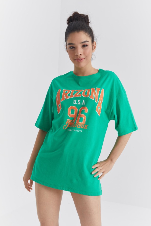 Yeşil Büyük Yazı Baskılı O Yaka Oversize Düşük Omuz Kadın T-Shirt - 97218