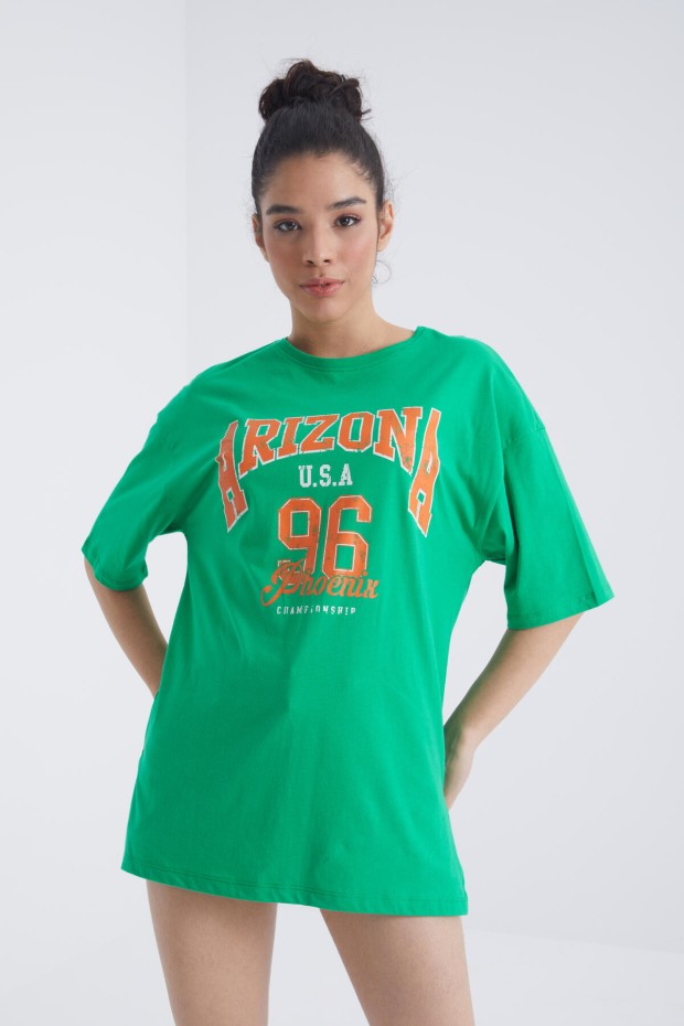 Yeşil Büyük Yazı Baskılı O Yaka Oversize Düşük Omuz Kadın T-Shirt - 97218