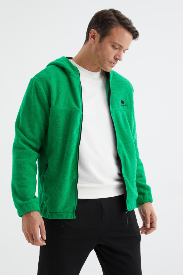 Yeşil Fermuarlı Kapüşonlu Standart Kalıp Erkek Sweatshirt Havlu Polar - 88165