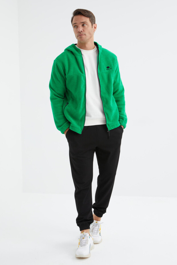 Yeşil Fermuarlı Kapüşonlu Standart Kalıp Erkek Sweatshirt Havlu Polar - 88165