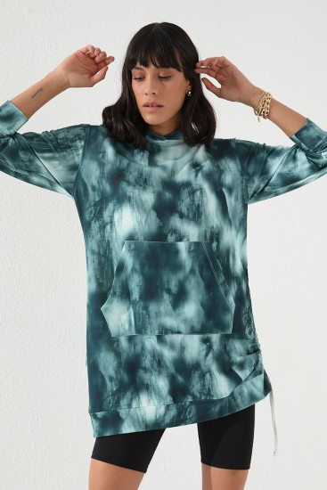 Yeşil Karışık Desenli Büzgü Detaylı Rahat Form Kapüşonlu Kadın Sweatshirt - 97131 