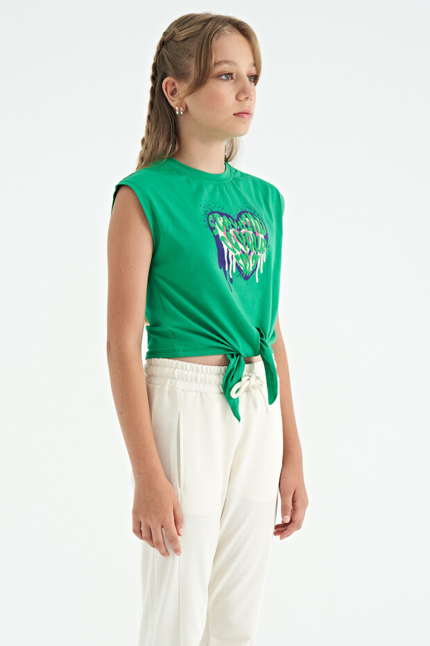 Yeşil Kalp Baskılı Ön Düğüm Detaylı Rahat Form Kız Çocuk T-Shirt - 75114